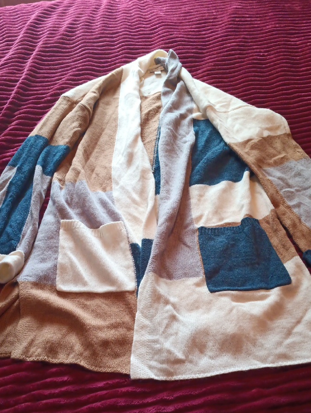 Cato Knit Colorblock Cardigan in Cream, Brown, Blue-Gray